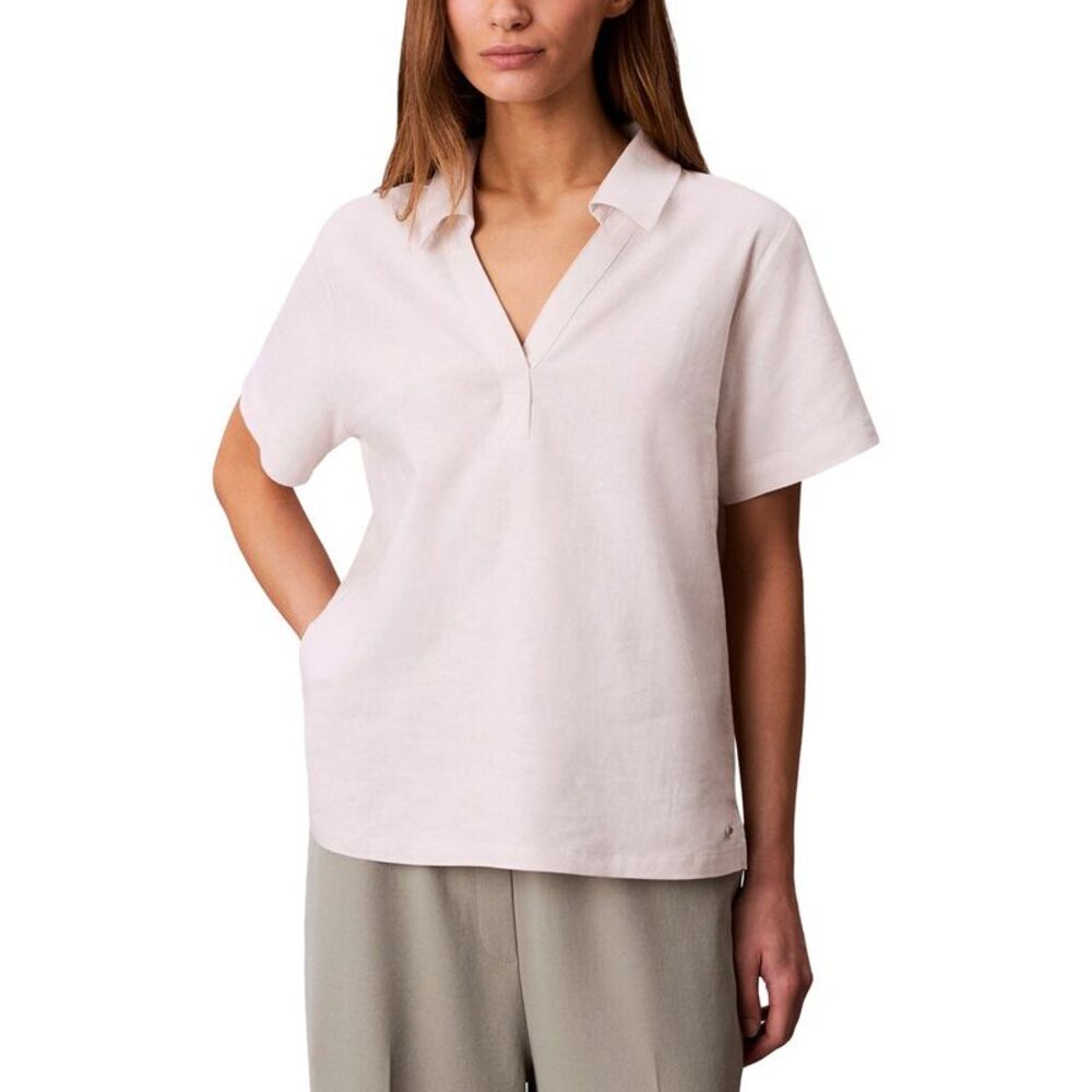 Calvin Klein Womens  Linen-Blend Polo T-Shirt, White